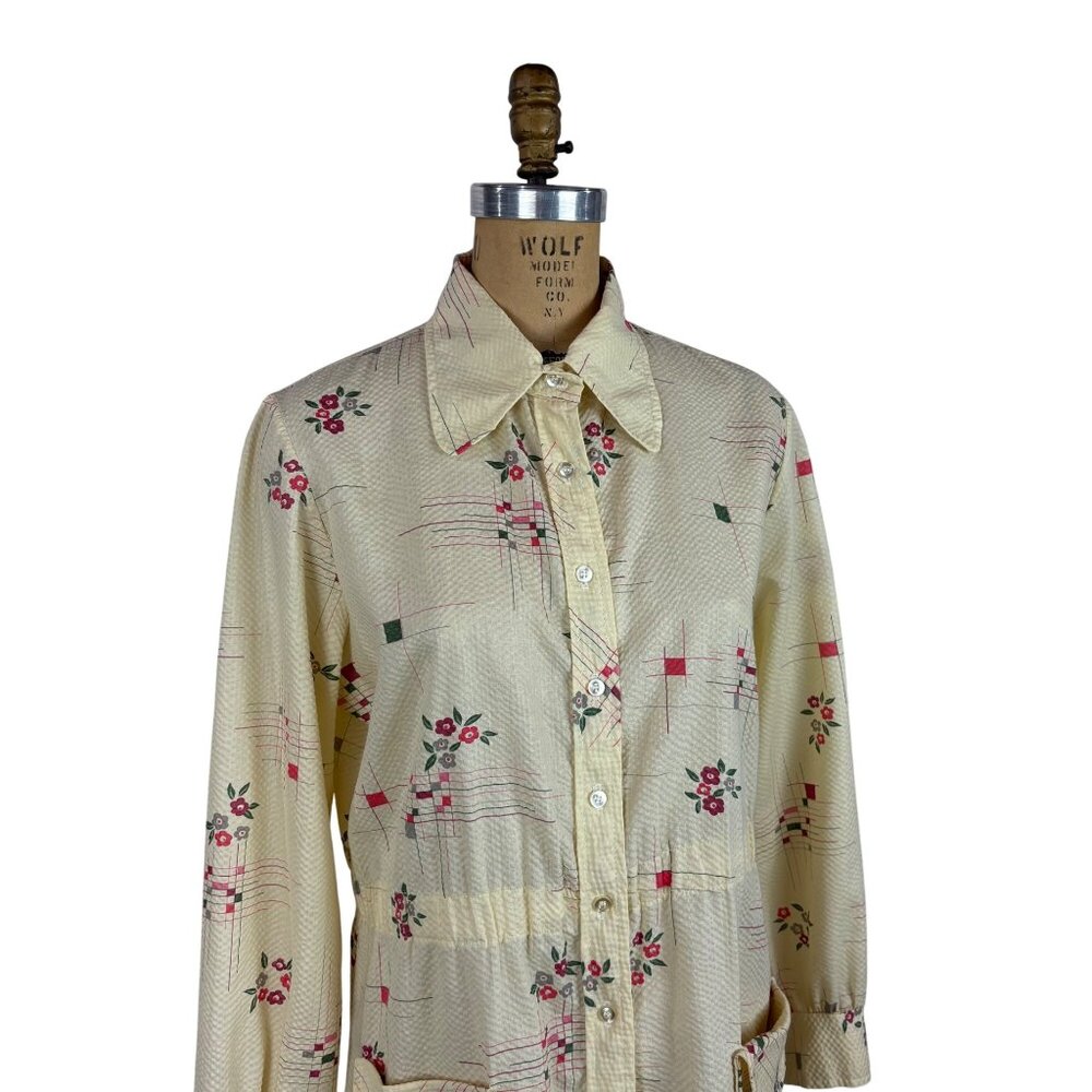 Vintage 70s Floral Shirt Womens Large Geometric Textured Long Sleeve Top - Picture 6 of 10